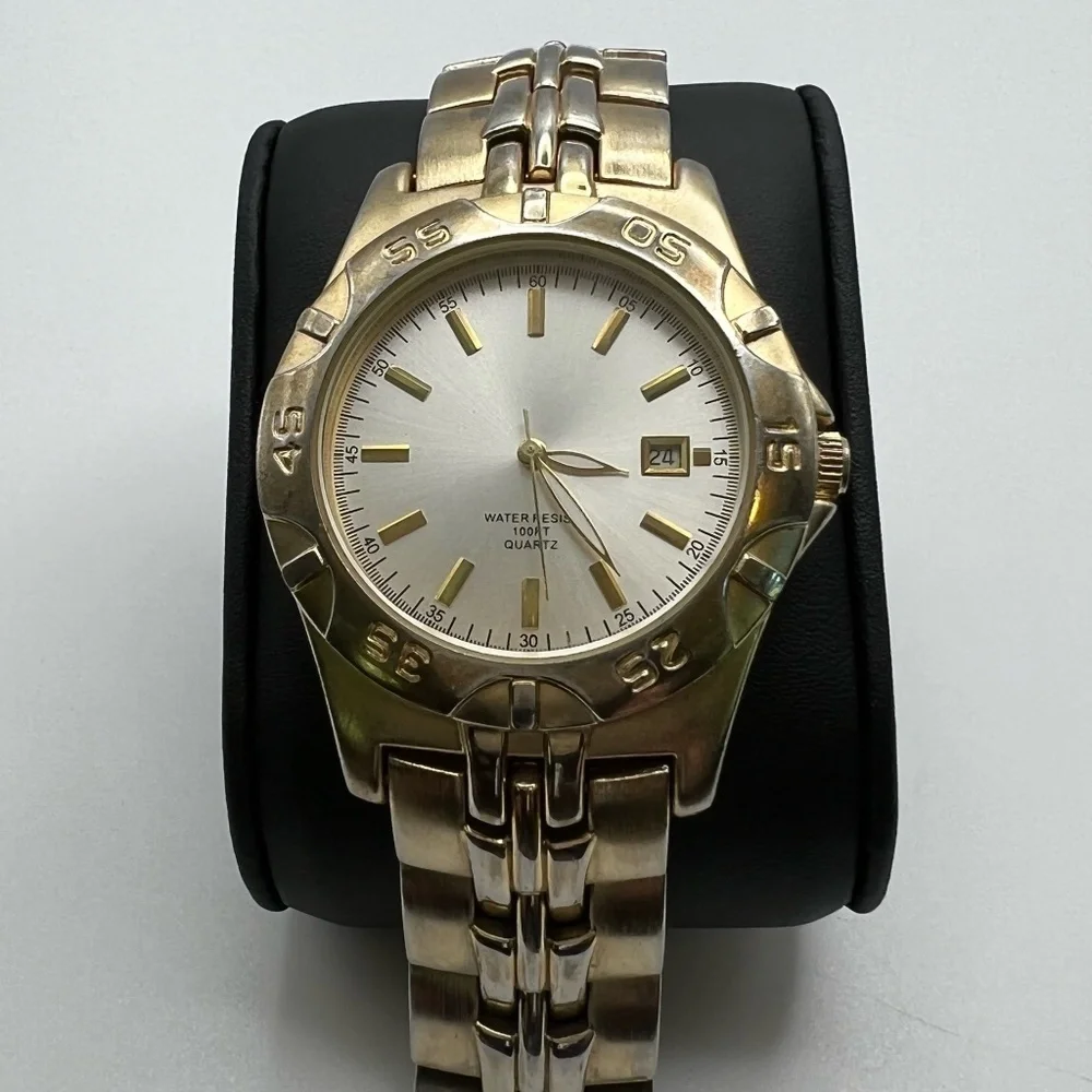 Water Resistant Mens Watch Two Tone Metal Link Bracelet Watch Working